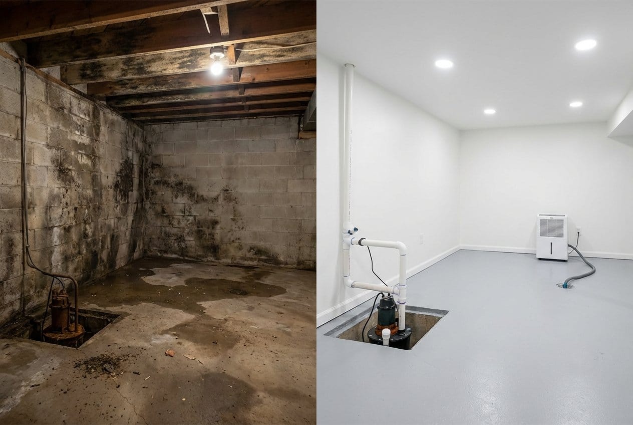 Basement & Foundation Mold Removal before and after in residential basement, Fair Lawn NJ