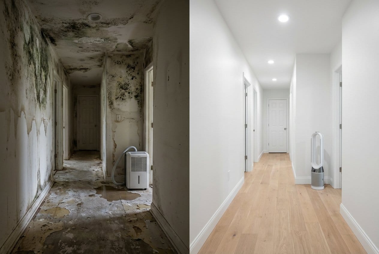 Odor Removal & Disinfection before and after in hallway, Fair Lawn NJ