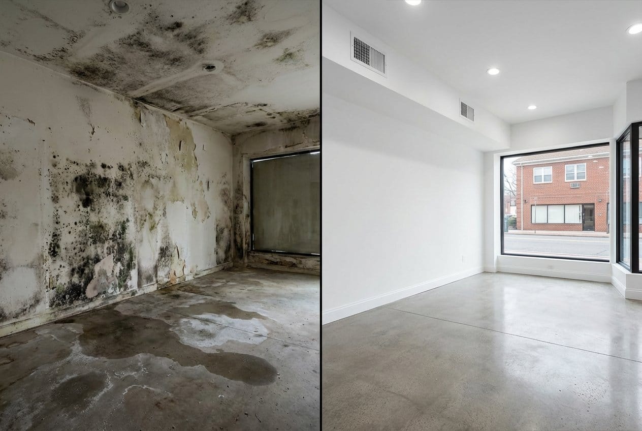Before and after humidity & moisture control solution in Fair Lawn townhouse storefront interior